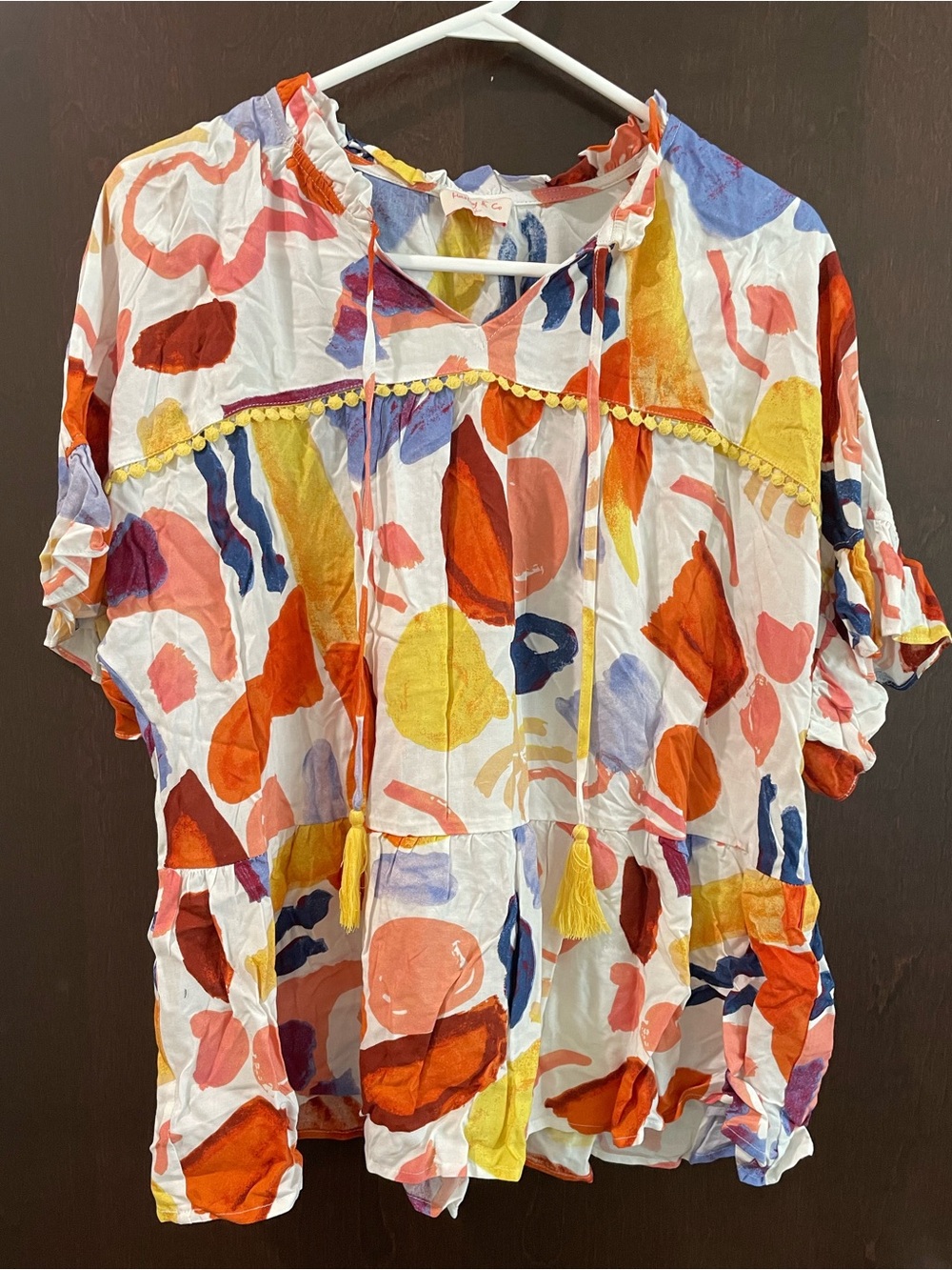 Hailey & Co Women’s Blouse Multicolor Print Peasant Ruffle Sleeves Size L